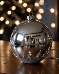 A close-up of a beautifully crafted silver Christmas ornament resting on a polished wooden table. The ornament features intricate frosted designs and delicate glittering patterns. In the background, a
