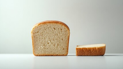 Sliced white bread loaf on surface against light background