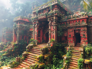 Obraz premium an ancient stone Maya temple with a pyramid-like structure, surrounded by lush greenery, giving it an almost mystical appearance.