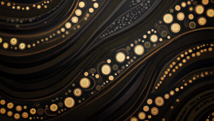 Obraz premium An Aboriginal abstract painting of black and gold swirls with dots.