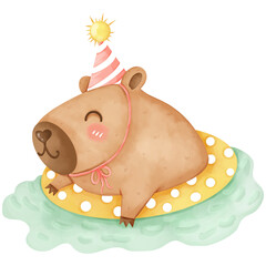 Cartoon capybara on birthday party, hand drawn watercolor