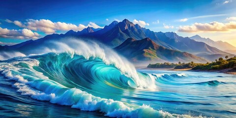 Obraz premium Serene Aerial View of a Blue Wave with Majestic White Mountains and Dynamic Watercolor Brush Strokes