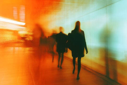 Blurred silhouettes of businesspeople walking in a bright office hallway, motion blur, professional setting, soft lighting Business concept, motion bokeh background