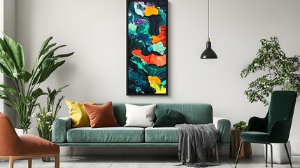 Abstract art painting on canvas adorns a teal velvet sofa in a modern living room setting, complemented by houseplants and throw pillows.