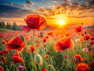 Obraz premium Serene Double Exposure of Remembrance Day Poppy Field at Sunrise with Soft Warm Light and Natural Textures