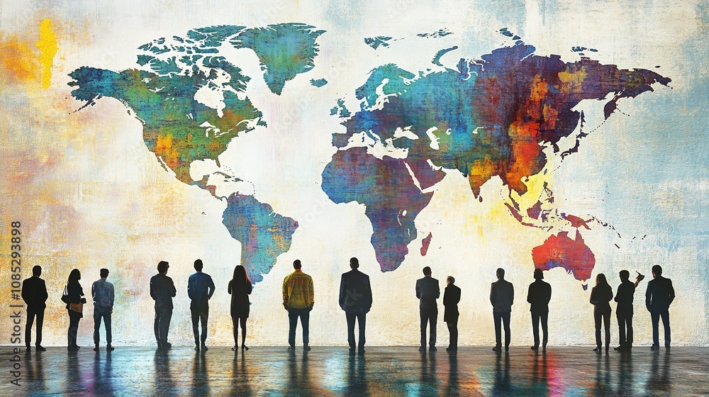 Aufkleber diverse group of silhouettes against a colorful world map background illustrating global unity and c