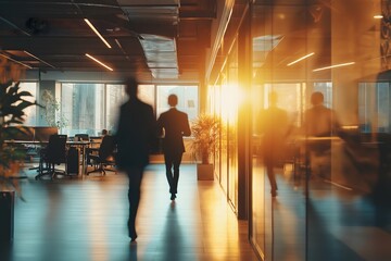 Blurred silhouettes of businesspeople walking in a bright office hallway, motion blur, professional setting, soft lighting Business concept, motion bokeh background