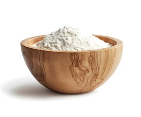 White flour in a wooden bowl on white background