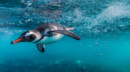 Obraz premium Penguin Diving into Clear Blue Sea with Bubbles