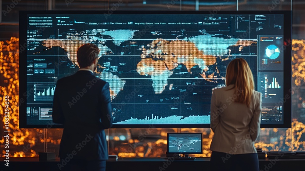 Poster business professionals analyzing data on a high-tech screen in a modern office setting with global m