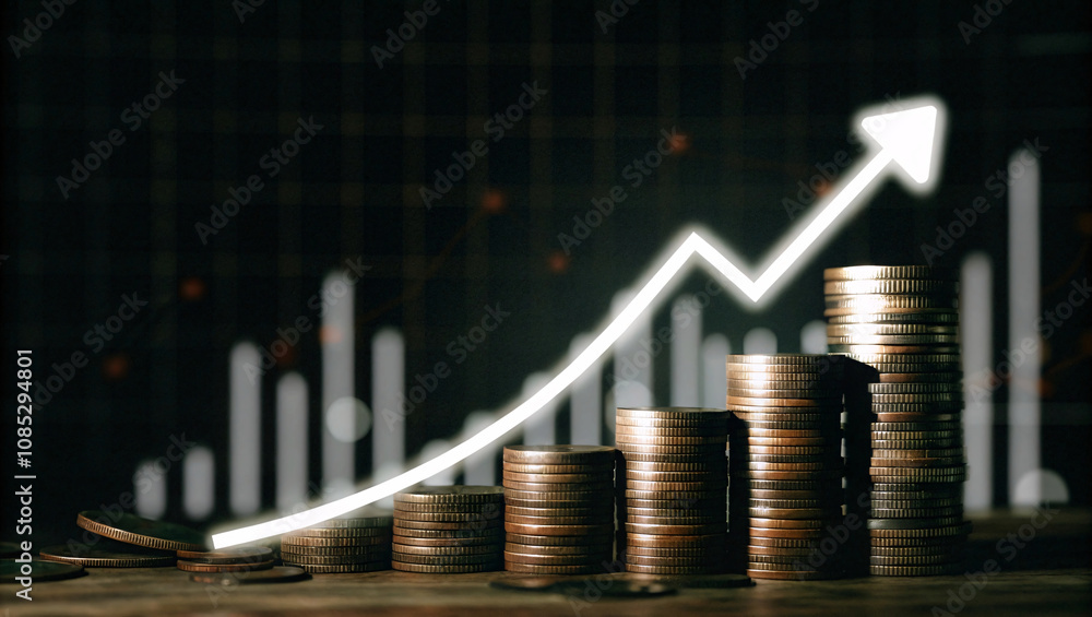 Poster stacked coins ascending in height, with a glowing arrow graph indicating growth, set against a dark 