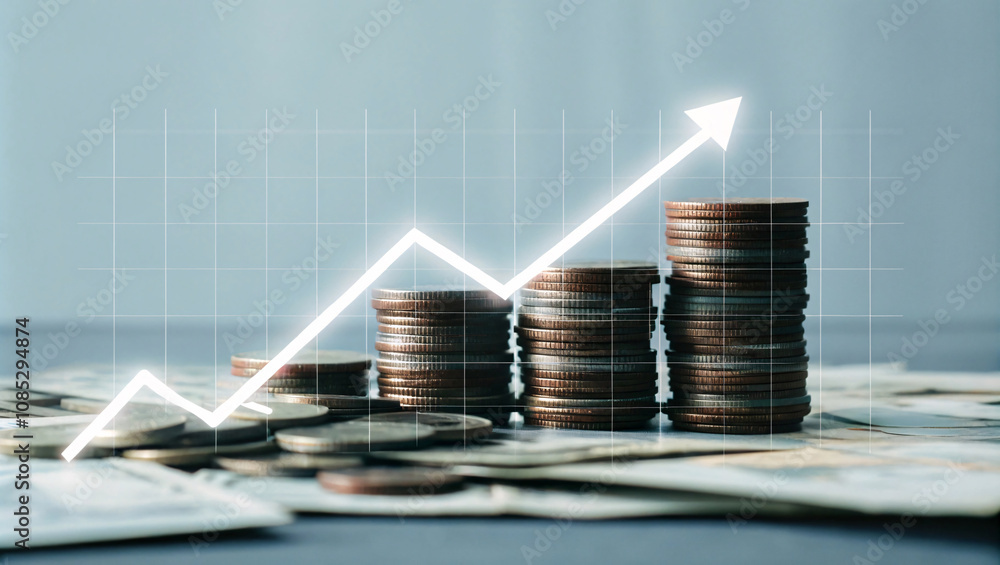 Poster a stacked coin image, but with a lighter blue-toned background and an upward-pointing graph indicati