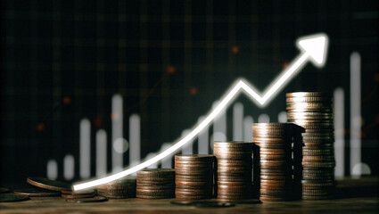 Stacked coins ascending in height, with a glowing arrow graph indicating growth, set against a dark grid background