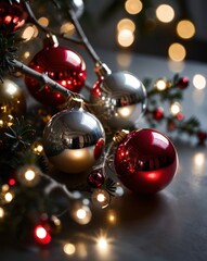 A close-up of a beautifully crafted silver Christmas ornament resting on a polished wooden table. The ornament features intricate frosted designs and delicate glittering patterns. In the background, a