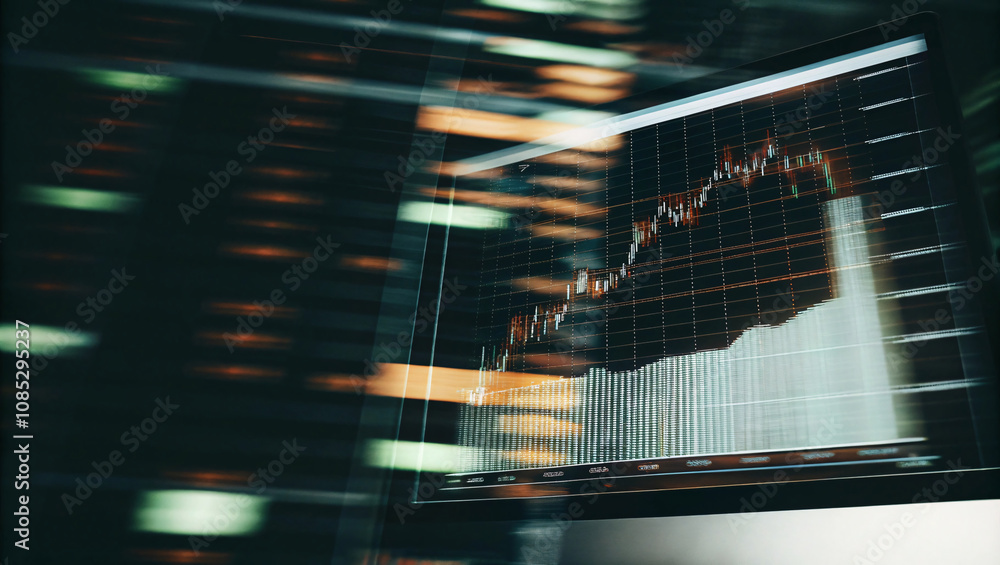 Poster dynamic financial graph on a dark screen, with illuminated lines and blurred lights, evoking a fast-