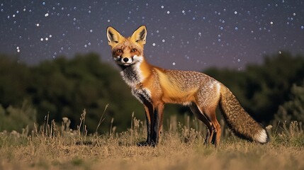 Red Fox Alert in Field Under Starry Sky