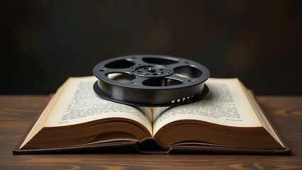 An open book with a film reel on top, symbolizing the connection between literature and film adaptation.