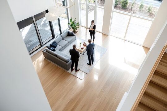 Immobilienmaklerin zeigt modernes Wohnzimmer mit gro&szlig;er Fensterfront