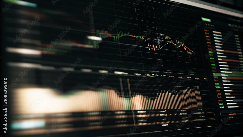 Poster dark, moody financial trading screen with candlestick charts and histogram-style bar data, capturing