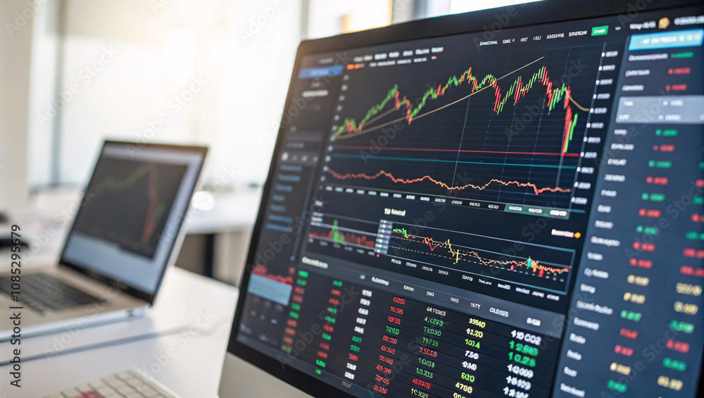 Poster dual computer screens with detailed trading charts and numerical data, focusing on market analysis t