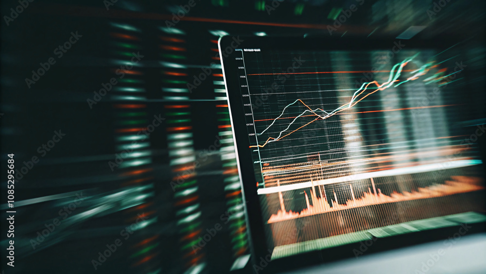 Poster vibrant trading dashboard showing ascending line graphs with glowing indicators and blurred streaks,