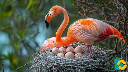 Fototapeta premium Flamingos Nesting in Wetland with Eggs Safely Protected