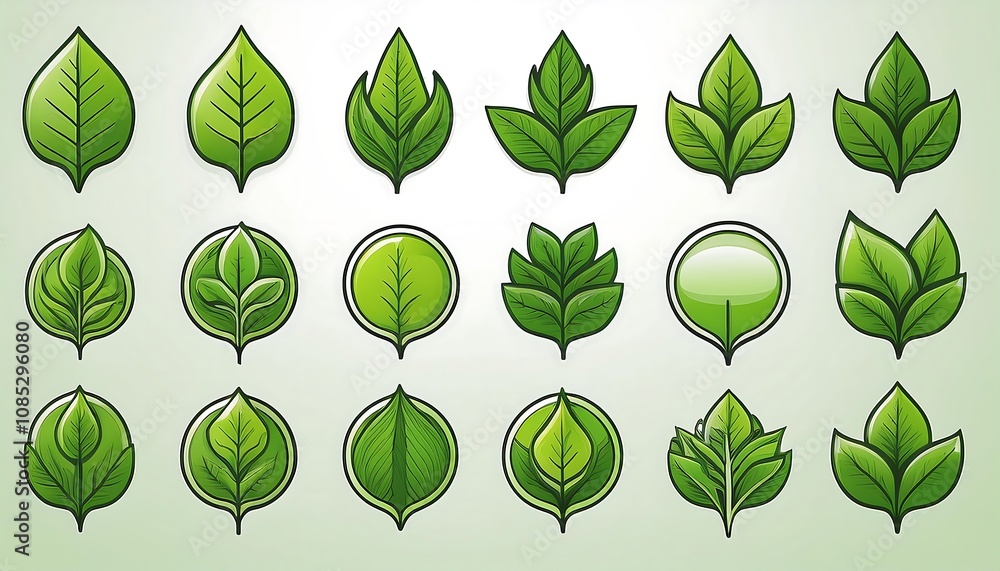 Poster a set of green leaf icons includes leaves on a white background with a collection suitable _1(148)