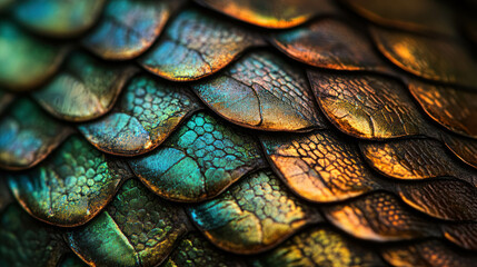 Fototapeta premium Macro Abstract Reptile Snake Skin Texture With Iridescent Greens And Golds. Abstract Iridescent Snake Skin Texture
