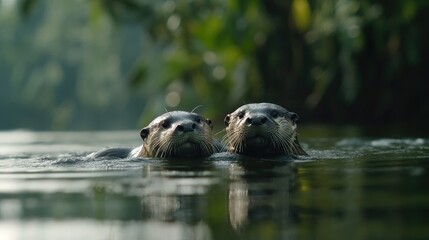 Playful Otters Swimming Together in Nature
