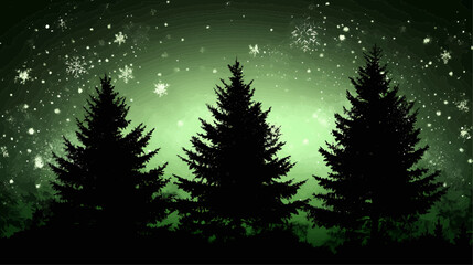 Mysterious Forest at Night with Enchanting Green Glow and Starry Sky