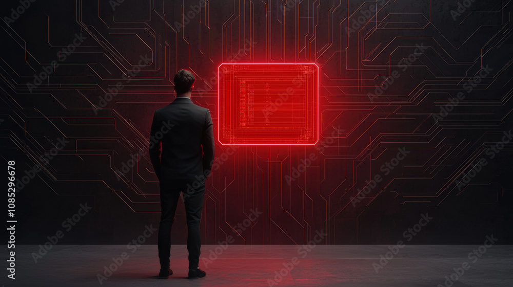 Poster a figure in a suit stands before a glowing red digital interface, surrounded by abstract lines, evok