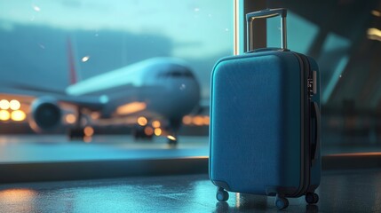 Blue Suitcase at Airport with Blurred Airplane