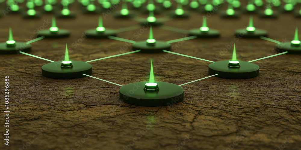 Poster a digital landscape featuring interconnected nodes with glowing green peaks, representing a network 