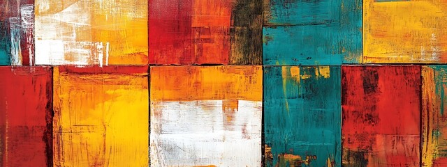 Abstract painting with vibrant colors in orange, red, teal and white. Thick brushstrokes create texture.