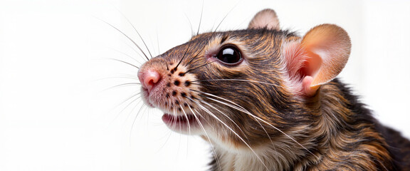 Curious rodent looking up with attentive expression on white background