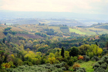 Charakterystyczne malownicze krajobrazy Toskanii z okolic San Gimignano