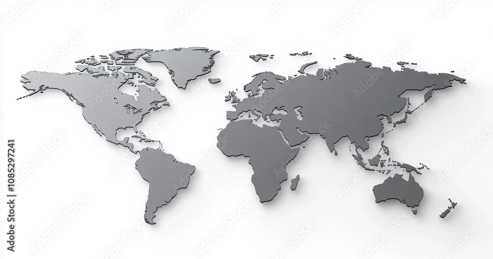 Poster 3d gray map of the world on a white background with detailed topography and geographical features fo