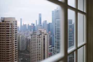A framed view from a window captures an expansive skyline with towering buildings under a muted sky.