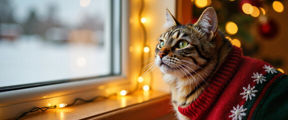Tabby cat in Christmas sweater gazing out snowy window