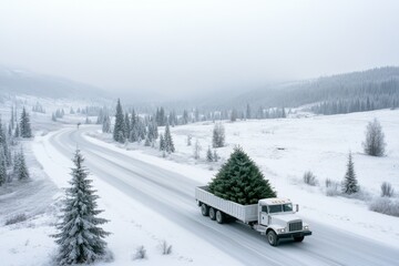 A truck carrying a large Christmas tree rolls down a snow-covered highway, evoking a sense of holiday spirit amid serene wintry mountains.