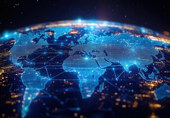 Global Network Connection Over Earth at Night with Bright City Lights, Digital Map and Futuristic Technology Representing Data and Communication
