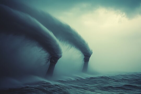 Two massive waterspouts spiral gracefully over a dark ocean, blurring the boundary between atmospheric wonder and maritime power.