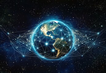 Stunning Digital Illustration of Earth Surrounded by Bright Connections in Space, Emphasizing Global Networking and Technological Advances in a Futuristic Setting
