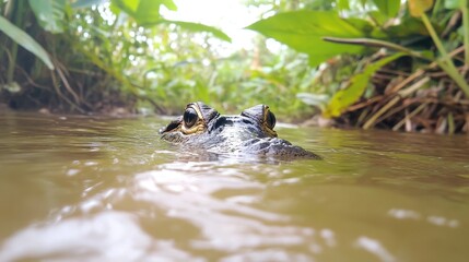 Caiman Lurking in Amazon River Waters