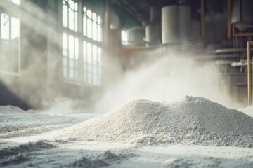 Rays of sunlight pierce through a window, illuminating the soft, powdery chaos of dust suspended in an industrial space.