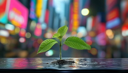 A small green plant emerges from a wet surface in a vibrant urban night atmosphere