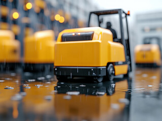 yellow forklift in rainy industrial setting, reflecting on wet pavement. scene captures busy warehouse atmosphere with blurred background vehicles