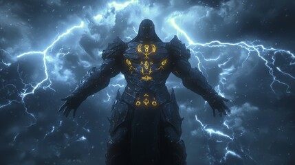 Fototapeta premium Dark Fantasy 3D Render of Formidable Apostle in Stormy Environment with Glowing Runes and Jagged Armor | Ultra-Detailed Digital Artwork