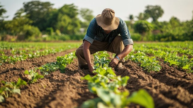 Farmer Tending to Crops in a Lush Field