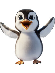 A cheerful animated penguin character with open wings and a bright smile, emanating joy and excitement, creating a delightful and engaging visual.